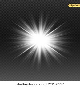 Glow isolated white light effect set, lens flare, explosion, glitter, line, sun flash and stars. Abstract special effect element design. Shine ray with lightning. Set of gold bright beautiful stars