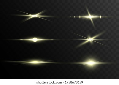 Glow isolated white light effect set, lens flare, explosion, glitter, line, sun flash and stars. Abstract special effect element design. Shine ray with lightning. Set of gold bright beautiful stars.