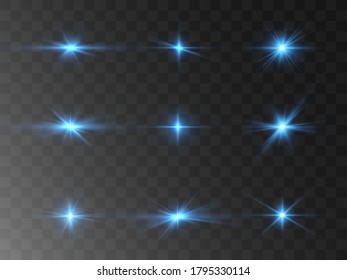 Glow isolated white light effect set, lens flare, explosion, glitter, line, sun flash and stars. Abstract special effect element design. Shine ray with lightning