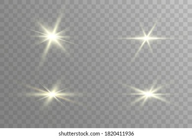 Glow isolated white light effect set, lens flare, explosion, glitter, line, sun flash and stars. Abstract special effect element design. Shine ray with lightning. Set of gold bright beautiful stars.