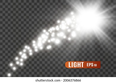 Glow isolated white light effect set, lens flare, explosion, glitter, line, sun flash and stars. Abstract special effect element design. Shine ray with lightning
