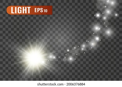 Juego de efecto luminoso blanco aislado brillante, lente intermitente, explosión, brillo, línea, flash solar y estrellas. Resumen de diseño de elementos de efecto especial. Rayo brillante con rayo