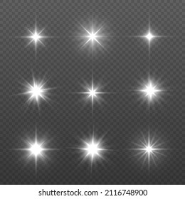 Glow isolated white light effect set, lens flare, explosion, glitter, line, flash, spark and stars. Sun rays. Transparent shine gradient glitter, bright flare. Bright star. Vector illustration.