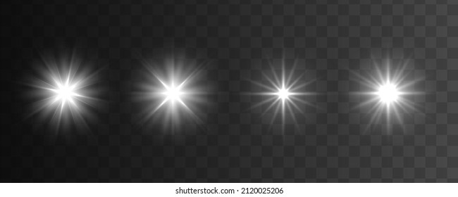 Glow isolated white light effect set, lens flare, explosion, glitter, line, flash, spark and stars. Bright star. Sun rays. Transparent shine gradient glitter, bright flare. Vector illustration.