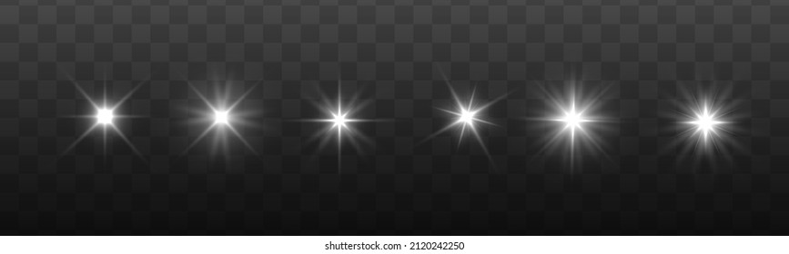 Glow isolated white light effect set, lens flare, explosion, glitter, line, flash, spark and stars. Bright star. Sun rays. Transparent shine gradient glitter, bright flare. Vector illustration.
