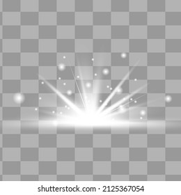 Lichtisolierter weißer Lichteffekt Set, Objektivfackel, Explosion, Glitter, Linie, Sonnenblitz und Sterne. Abstraktes Design von Spezialeffekten. Shine ray mit Blitz. Satz goldglänzender schöner Sterne