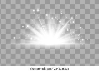 Glow isolated white light effect set, lens flare, explosion, glitter, line, sun flash and stars. Abstract special effect element design. Shine ray with lightning. Set of gold bright beautiful stars