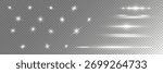 Glow isolated white transparent light effect set: lens flare, explosion, glitter, line, sun flash, spark, and stars. Abstract special effect element design.