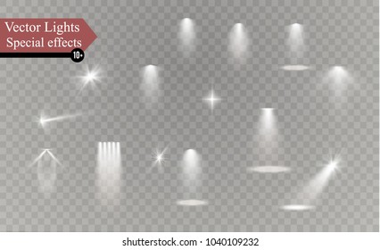 Glow isolated white transparent light effect set, lens flare, explosion, glitter, line, sun flash, spark and stars. Abstract special effect element design. Shine ray with lightning