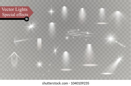 Glow isolated white transparent light effect set, lens flare, explosion, glitter, line, sun flash, spark and stars. Abstract special effect element design. Shine ray with lightning