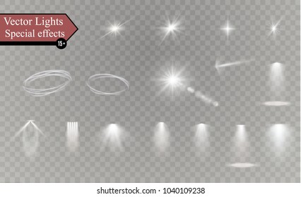 Glow isolated white transparent light effect set, lens flare, explosion, glitter, line, sun flash, spark and stars. Abstract special effect element design. Shine ray with lightning