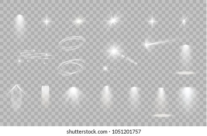 Glow isolated white transparent light effect set, lens flare, explosion, glitter, line, sun flash, spark and stars. Abstract special effect element design. Shine ray with lightning