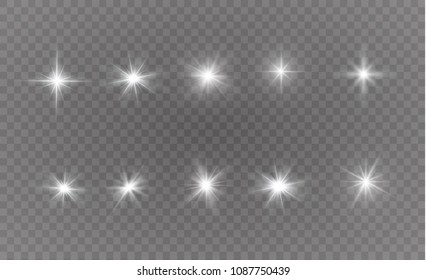 Glow isolated white transparent light effect set, lens flare, explosion, glitter, line, sun flash, spark and stars. Abstract special effect element design. Shine ray with lightning