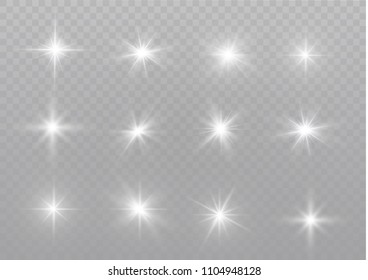 Glow isolated white transparent light effect set, lens flare, explosion, glitter, line, sun flash, spark and stars. Abstract special effect element design.