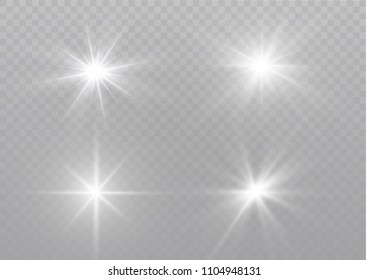 Glow isolated white transparent light effect set, lens flare, explosion, glitter, line, sun flash, spark and stars. Abstract special effect element design.