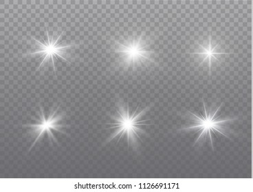 Glow isolated white transparent light effect set, lens flare, explosion, glitter, line, sun flash, spark and stars. Abstract special effect element design.