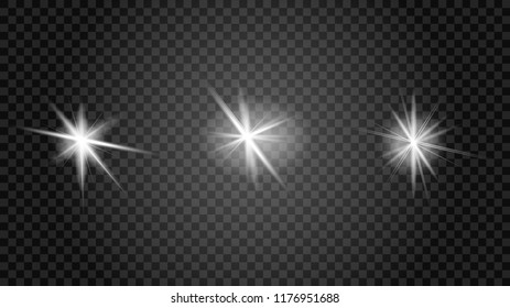 Glow isolated white transparent light effect set, lens flare, explosion, glitter, line, sun flash, spark and stars. Abstract special effect element design. Shine ray with lightning