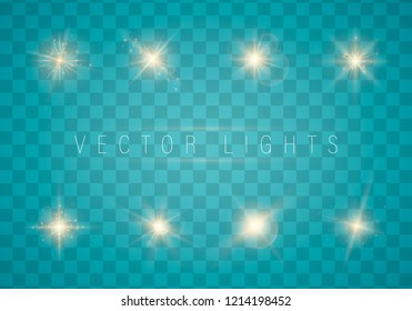 Glow isolated white transparent light effect set, lens flare, explosion, glitter, line, sun flash, spark and stars.