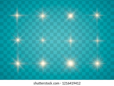 Glow isolated white transparent light effect set, lens flare, explosion, glitter, line, sun flash, spark and stars.