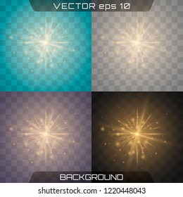 Glow isolated white transparent light effect set, lens flare, explosion, glitter, line, sun flash, spark and stars. Light effect on a different background.