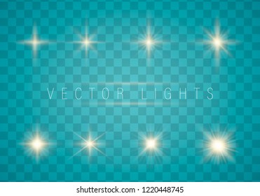 Glow isolated white transparent light effect set, lens flare, explosion, glitter, line, sun flash, spark and stars.