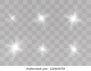 Glow isolated white transparent light effect set, lens flare, explosion, glitter, line, sun flash, spark and stars. Abstract special effect element design. Shine ray with lightning