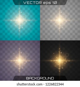 Glow isolated white transparent light effect set, lens flare, explosion, glitter, line, sun flash, spark and stars. Light effect on a different background.