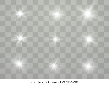 Glow isolated white transparent light effect set, lens flare, explosion, glitter, line, sun flash, spark and stars. Abstract special effect element design. Shine ray with lightning