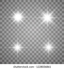 Glow isolated white transparent light effect set, lens flare, explosion, glitter, line, sun flash, spark and stars. Abstract special effect element design. Shine ray with lightning