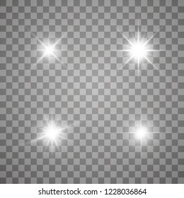Glow isolated white transparent light effect set, lens flare, explosion, glitter, line, sun flash, spark and stars. Abstract special effect element design. Shine ray with lightning