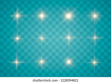 Glow isolated white transparent light effect set, lens flare, explosion, glitter, line, sun flash, spark and stars.