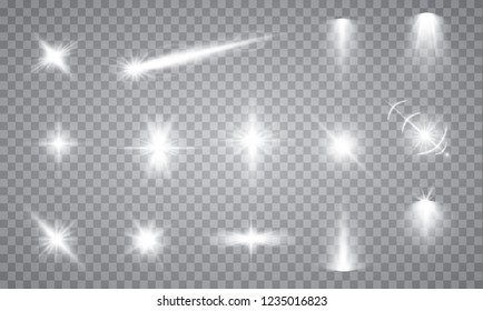 Glow isolated white transparent light effect set, lens flare, explosion, glitter, line, sun flash, spark and stars. Abstract special effect element design. Shine ray with lightning