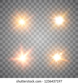 Glow isolated white transparent light effect set, lens flare, explosion, glitter, line, sun flash, spark and stars. Abstract special effect element design. Shine ray with lightning