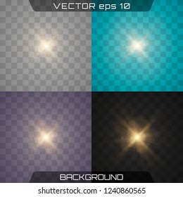Glow isolated white transparent light effect set, lens flare, explosion, glitter, line, sun flash, spark and stars. Light effect on a different background.