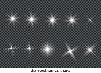 Glow isolated white transparent light effect set, lens flare, explosion, glitter, line, sun flash, spark and stars. 