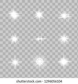 Glow isolated white transparent light effect set, lens flare, explosion, glitter, line, sun flash, spark and stars. Abstract special effect element design.