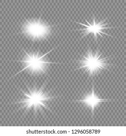 Glow isolated white transparent light effect set, lens flare, explosion, glitter, line, sun flash, spark and stars. Abstract special effect element design.