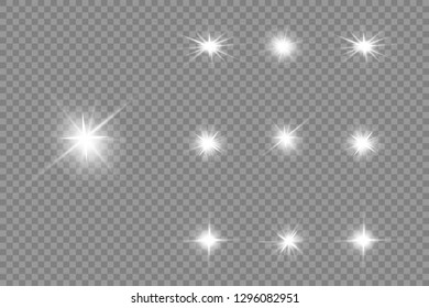 Glow isolated white transparent light effect set, lens flare, explosion, glitter, line, sun flash, spark and stars. Abstract special effect element design.