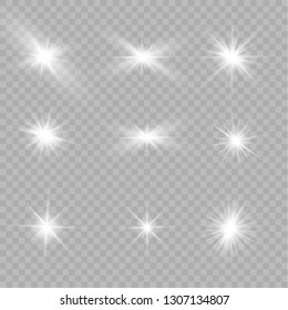 Glow isolated white transparent light effect set, lens flare, explosion, glitter, line, sun flash, spark and stars. Abstract special effect element design.