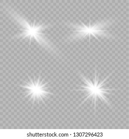 Glow isolated white transparent light effect set, lens flare, explosion, glitter, line, sun flash, spark and stars. Abstract special effect element design.