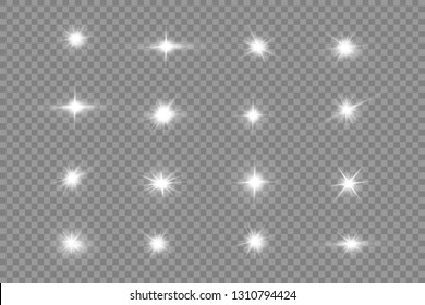 Glow isolated white transparent light effect set, lens flare, explosion, glitter, line, sun flash, spark and stars. Abstract special effect element design.