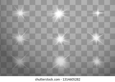Glow isolated white transparent light effect set, lens flare, explosion, glitter, line, sun flash, spark and stars. Abstract special effect element design.