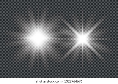 Glow isolated white transparent light effect set, lens flare, explosion, glitter, line, sun flash, spark and stars. Abstract special effect element design. Shine ray with lightning 