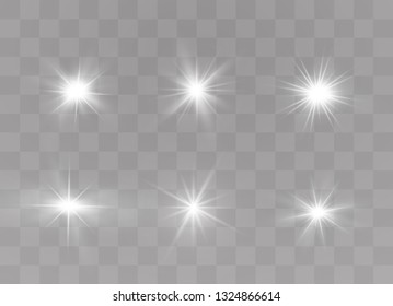 Glow isolated white transparent light effect set, lens flare, explosion, glitter, line, sun flash, spark and stars. Abstract special effect element design.