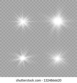 Glow isolated white transparent light effect set, lens flare, explosion, glitter, line, sun flash, spark and stars. Abstract special effect element design.