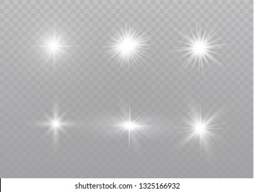 Glow isolated white transparent light effect set, lens flare, explosion, glitter, line, sun flash, spark and stars. Abstract special effect element design.