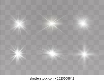 Glow isolated white transparent light effect set, lens flare, explosion, glitter, line, sun flash, spark and stars. Abstract special effect element design.