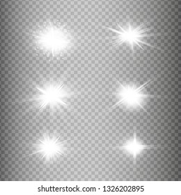 Glow isolated white transparent light effect set, lens flare, explosion, glitter, line, sun flash, spark and stars. Abstract special effect element design.