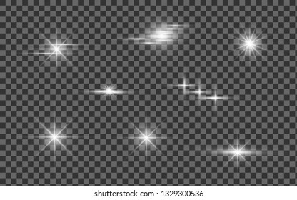 Glow isolated white transparent light effect set, lens flare, explosion, glitter, line, sun flash, spark and stars. Abstract special effect element design