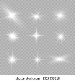 Glow isolated white transparent light effect set, lens flare, explosion, glitter, line, sun flash, spark and stars.